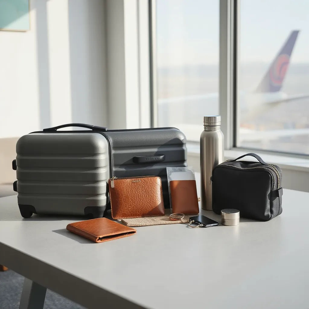 Assorted premium travel accessories arranged beside a carry-on bag, including passport holder and packing organizers.