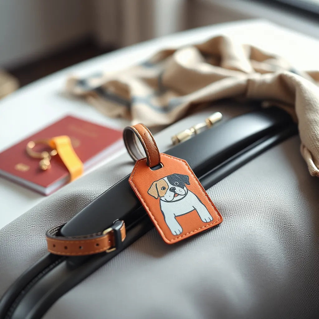 Colorful dog luggage tag on a carry-on suitcase handle with travel accessories nearby