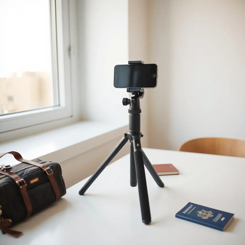 Compact portable selfie stick tripod with a phone mount in a bright travel setup