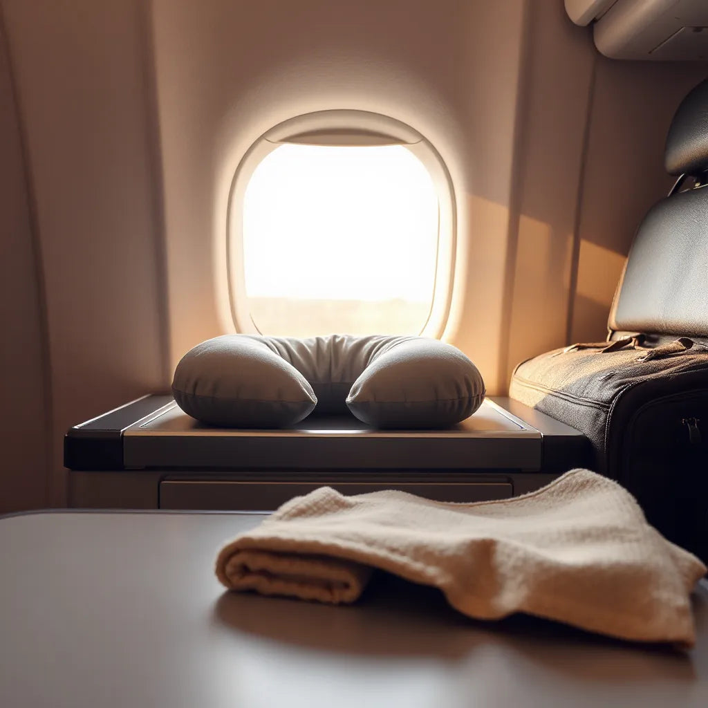 Travel neck pillow on an airplane seat with warm window light and a small carry-on bag in the background