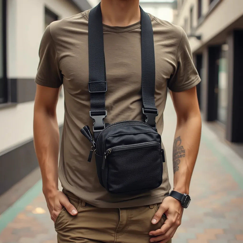 Tactical crossbody sling bag worn diagonally across a chest with adjustable strap and structured pockets