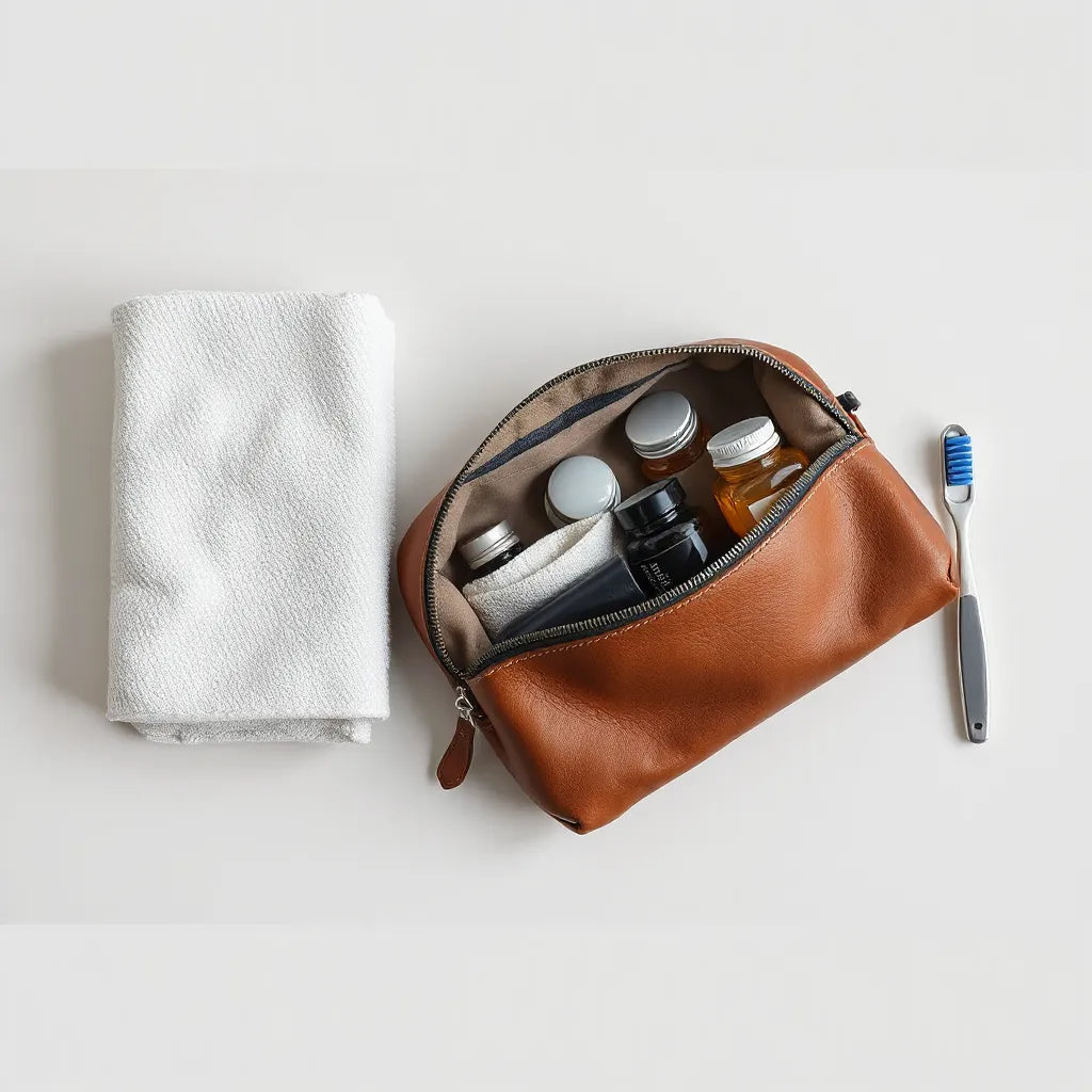 Brown leather toiletry pouch with neatly arranged grooming essentials for travel