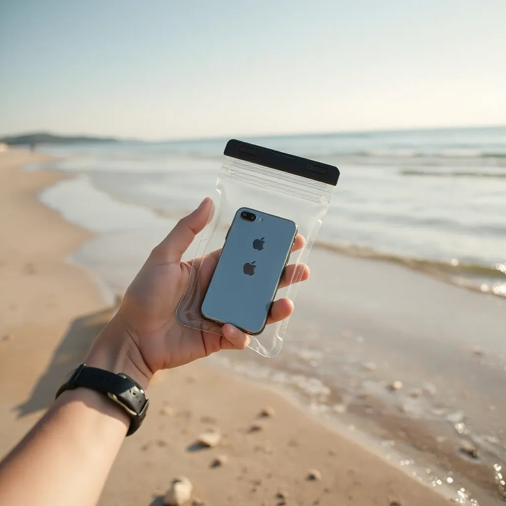 Clear waterproof phone pouch with a smartphone inside held near the shoreline