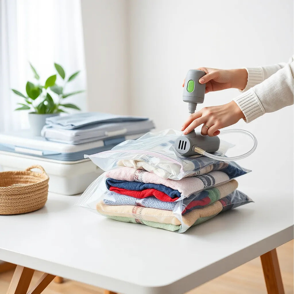 Vacuum storage bags being sealed to compress folded clothes on a clean table