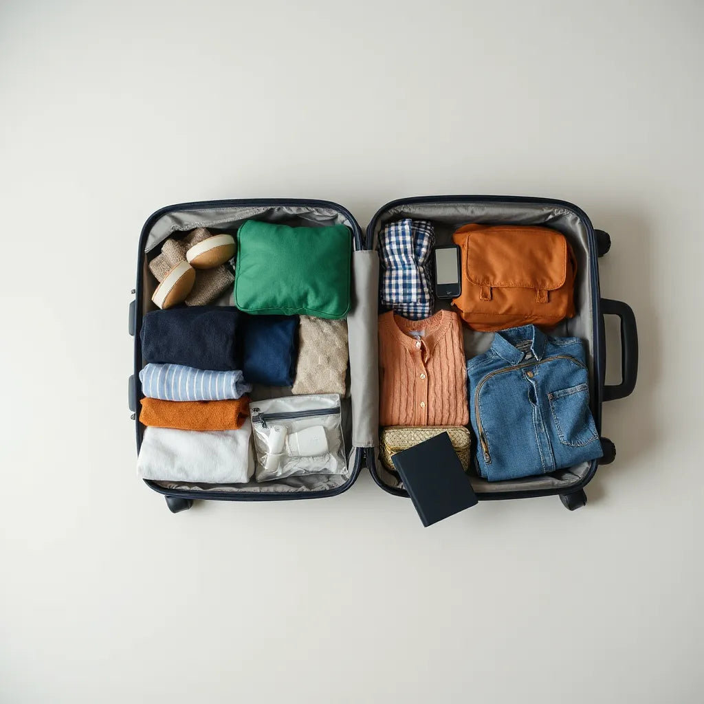 Neatly packed suitcase with organized packing cubes, toiletries pouch, and folded clothes for easy access