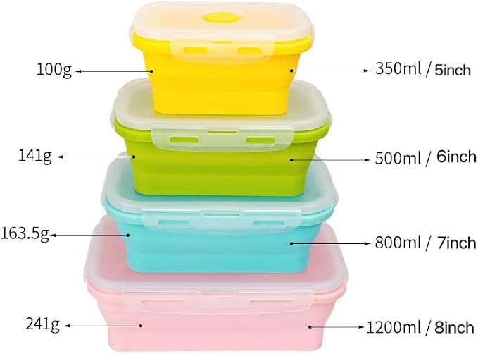 Set of 4, Collapsible Silicone Food Storage Container, Leftover Meal Box - Image 2