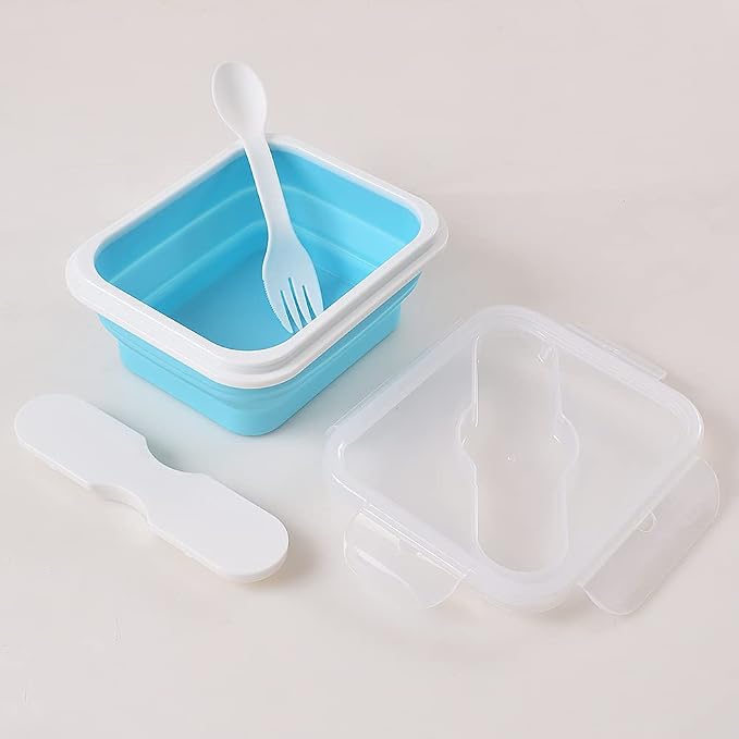 Silicone Lunch Container With Spoon & Fork, Bento Box, Collapsible Food Storage - Image 2