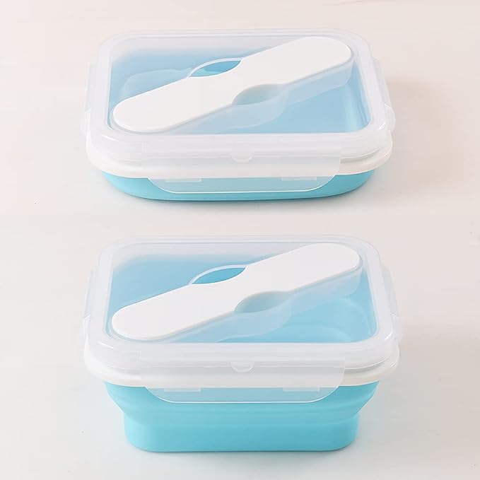 Silicone Lunch Container With Spoon & Fork, Bento Box, Collapsible Food Storage - Image 5