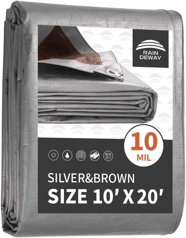 RAINDEWAY Tarps Heavy Duty Waterproof 10x20 Feet, 10Mil Multipurpose Poly Tarp by RAINDEWAY