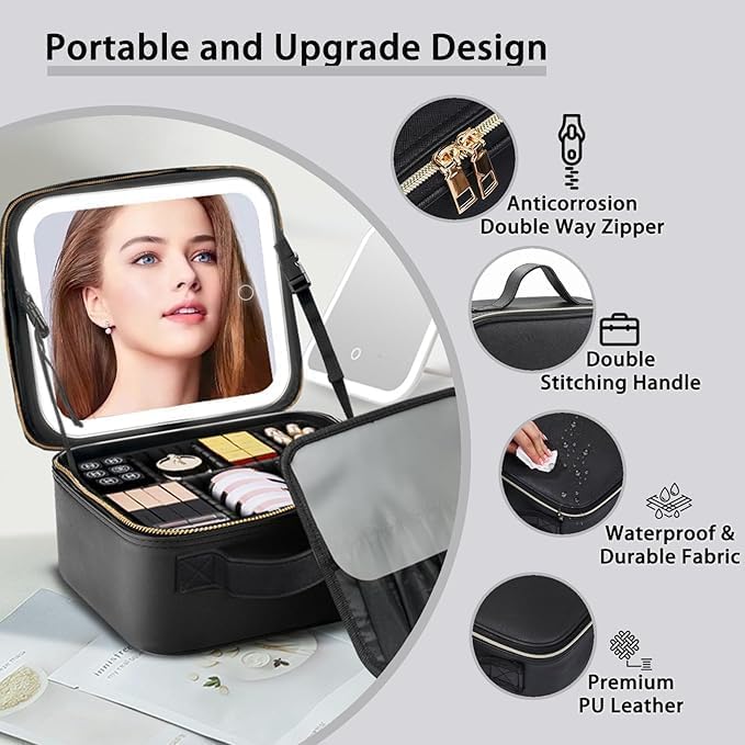 Makeup Bag with Led Mirror, Travel Makeup Organizer with 3 Color Setting & 10X - Image 3