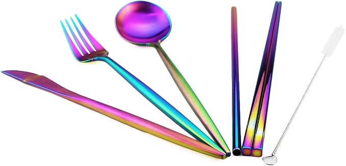 Gugrida Luxury Rainbow Matte Portable 18/10 Stainless Steel Travel Flatware - Image 3