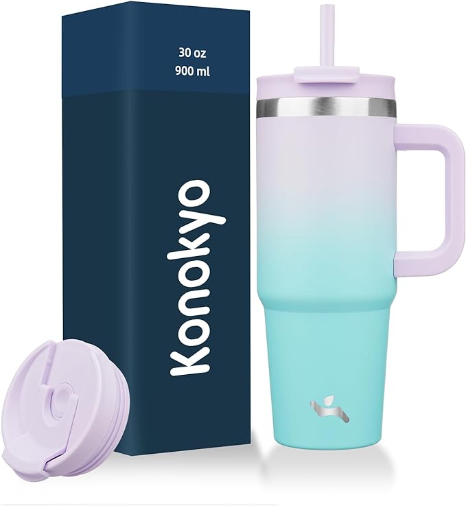 30 oz Tumbler with Handle and 2 Straws, 2 in 1 Lid Insulated Water Bottle by Konokyo