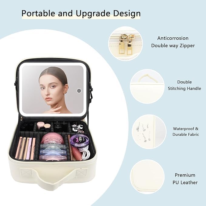 Makeup Bag with Led Mirror, Travel Makeup Organizer with 3 Color Setting & 10X - Image 3