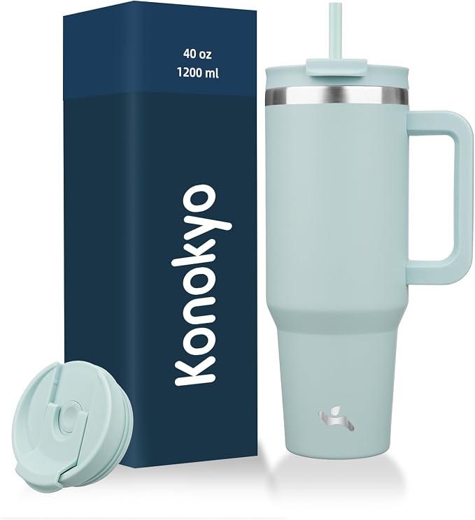 40 oz Tumbler with Handle and 2 Straws, 2 in 1 Lid Insulated Water Bottle by Konokyo