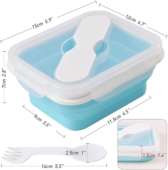 Silicone Lunch Container With Spoon & Fork, Bento Box, Collapsible Food Storage - Image 3