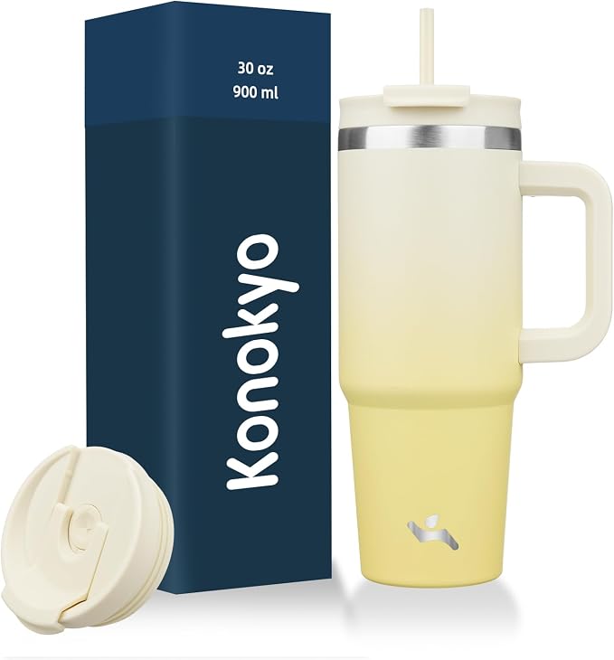 30 oz Tumbler with Handle and 2 Straws, 2 in 1 Lid Insulated Water Bottle by Konokyo