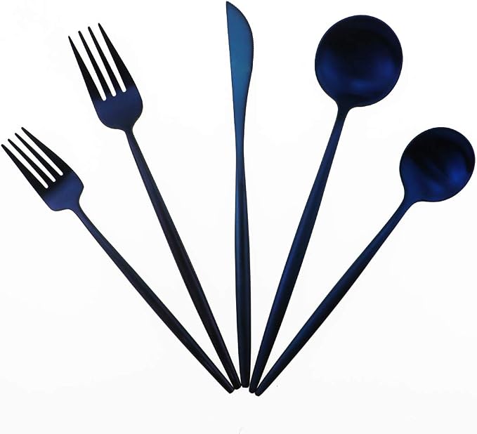 Matte Blue Gugrida 5-Piece 18/10 Stainless Steel Silverware Set, Satin Finish by Gugrida