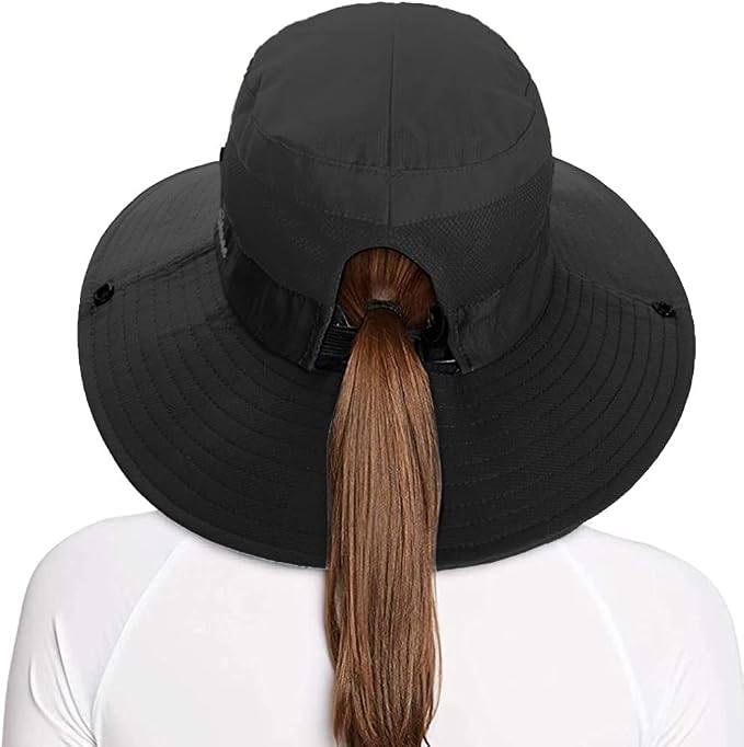 Rosoz Ponytail Sun Bucket Hats for Women UV Protection Foldable Mesh Wide Brim - Image 2