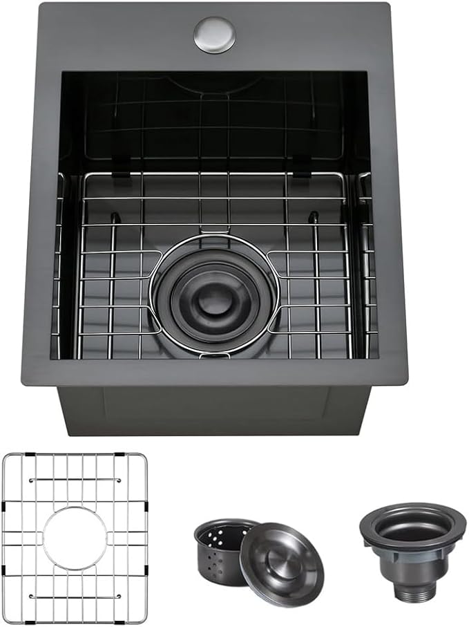 ARTLINE 15 x 17 Inch Black Drop in Bar Sink, Stainless Steel Single Bowl by ARTLINE