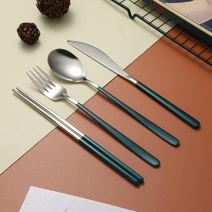 Portable Travel Camping Cutlery Set, TWUTGAYW Silver Green Reusable Flatware - Image 6