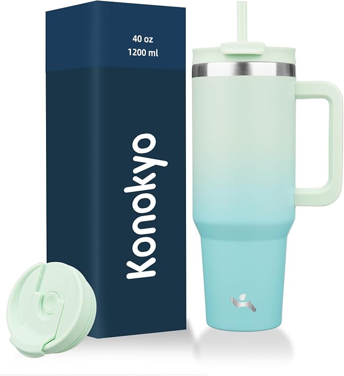 40 oz Tumbler with Handle and 2 Straws, 2 in 1 Lid Insulated Water Bottle by Konokyo