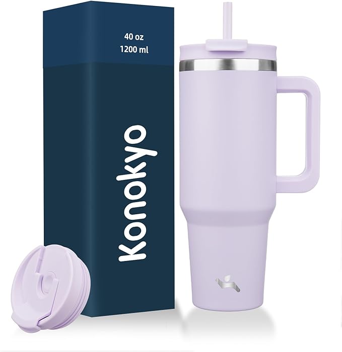 40 oz Tumbler with Handle and 2 Straws, 2 in 1 Lid Insulated Water Bottle by Konokyo