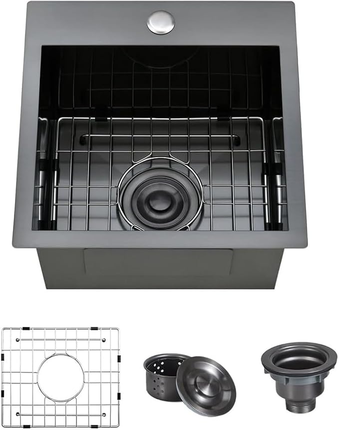 ARTLINE 15 x 15 Inch Black Drop in Bar Sink, Stainless Steel Single Bowl by ARTLINE