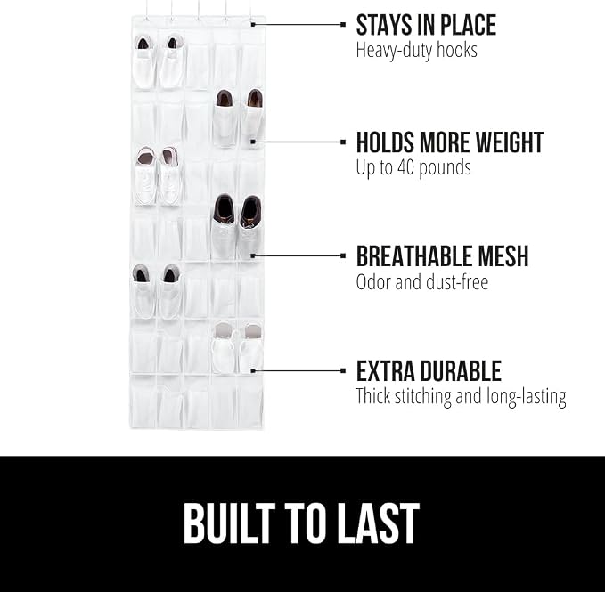 GORILLA GRIP Over the Door Shoe Organizer, 35 Large Breathable Mesh Pockets - Image 2