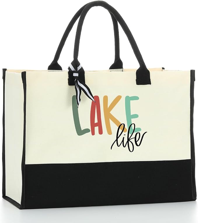 Lake Life Tote Bag for Women Waterproof Personalized Beach Bag Canvas Bag Funny by HODREU