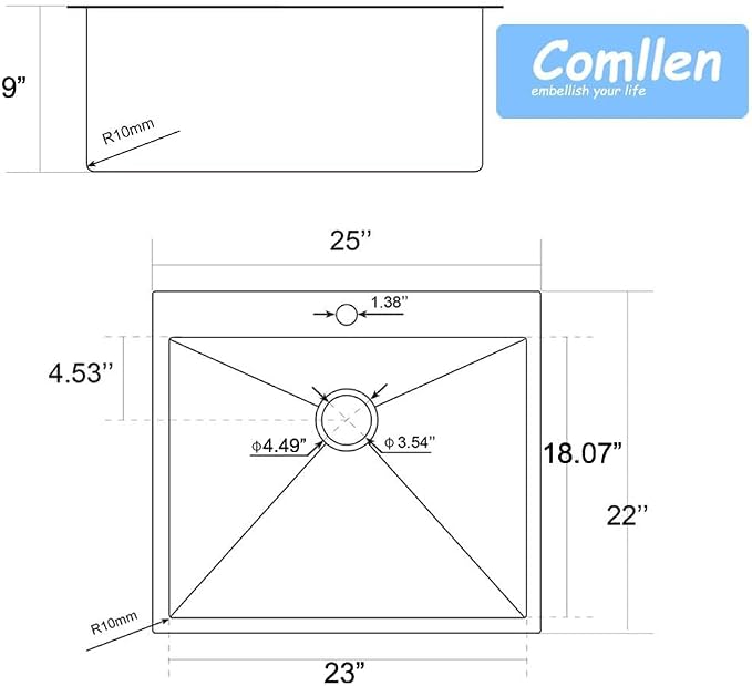 Comllen 25 x 22 Inch Drop In Black Kitchen Sink, Topmount 16 Gauge Stainless - Image 9