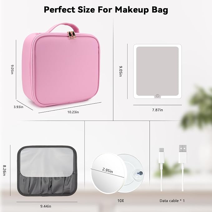 Travel Makeup Bag with LED Mirror and 10x magnifying glass with 3 Lighted - Image 8