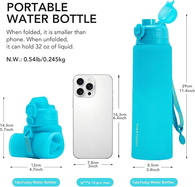 TakeToday Collapsible Water Bottles 32oz, Foldable Travel Water Bottle - Image 3