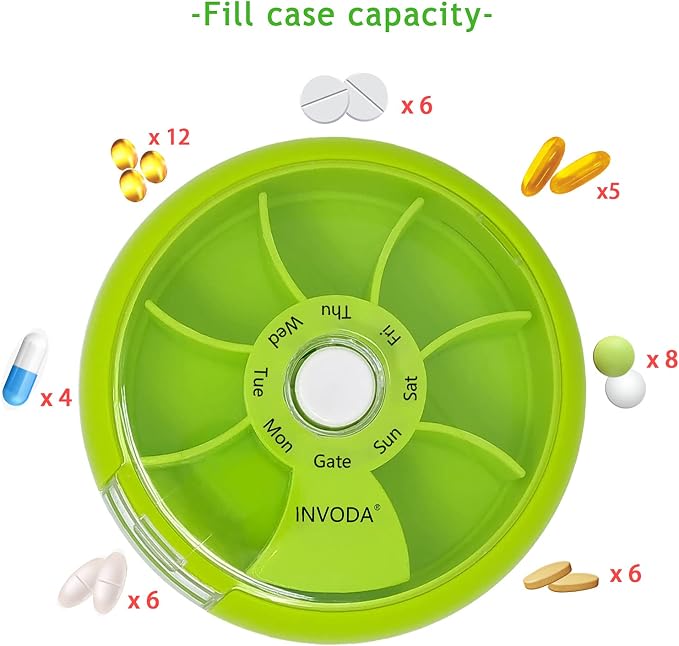 INVODA Weekly Pill Organizer 7 Compartment Rotating Pill Box - Image 9