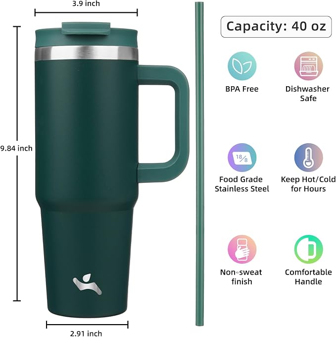 40 oz Tumbler with Handle and 2 Straws, 2 in 1 Lid Insulated Water Bottle - Image 4