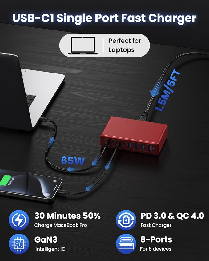 200W USB C Charger Block, 8-Ports GaN III Fast Charging Station Hub, QC4.0+PD - Image 6
