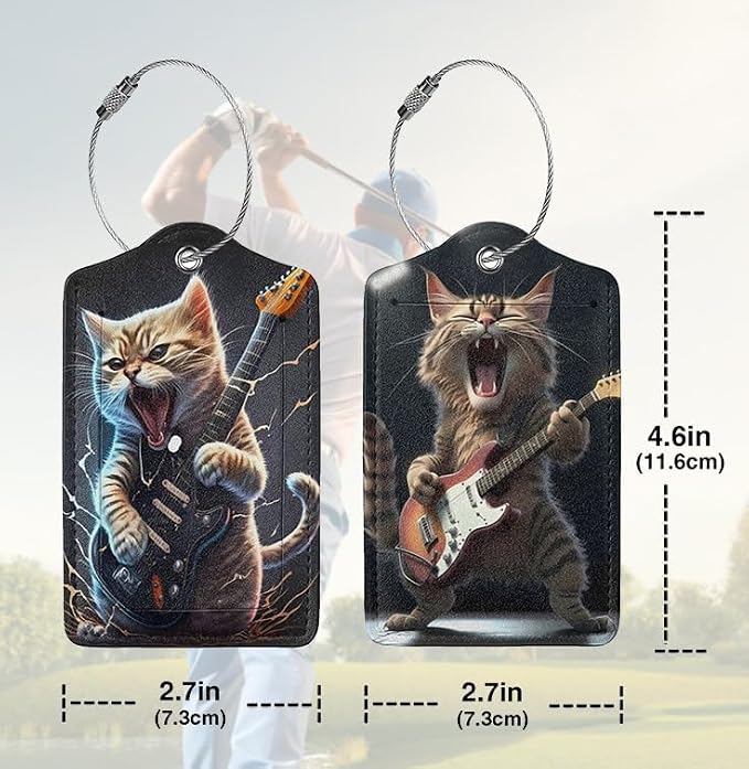 2 Pack Luggage Tags for suitcases Guitar Funny Cute cat Luggage Tag, Leather - Image 2