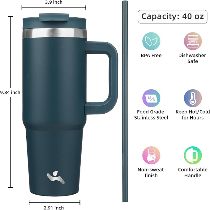 40 oz Tumbler with Handle and 2 Straws, 2 in 1 Lid Insulated Water Bottle - Image 4