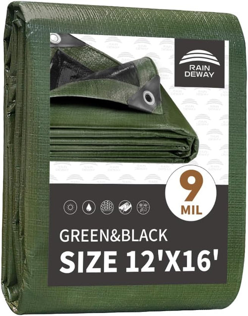 12x16 Feet Tarp Waterproof, 9Mil Thick, Finished Size Tarps, UV Resistant by RAINDEWAY