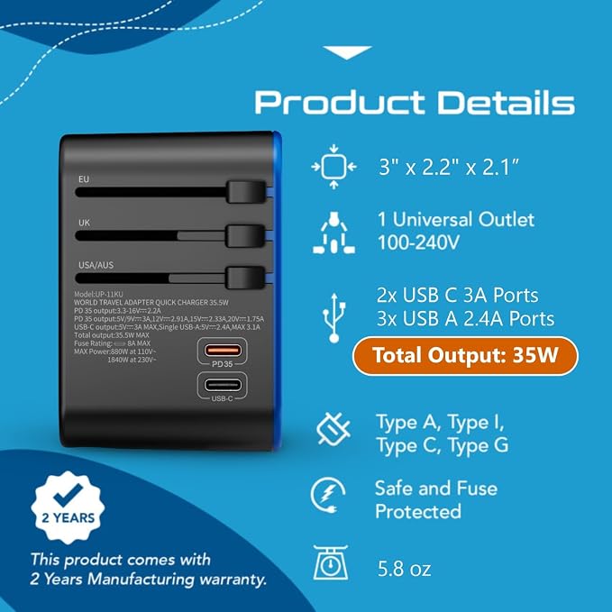 Ceptics Universal Travel Adapter, 35W International Power Adapter - Image 6