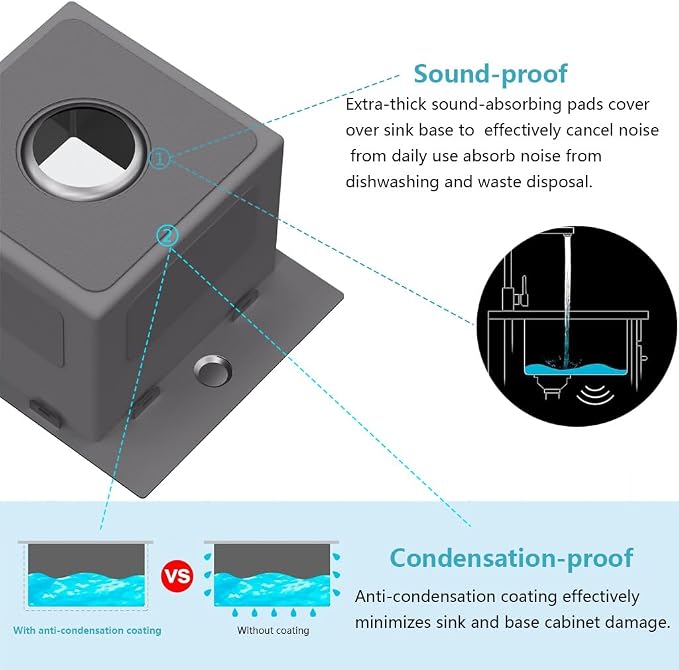 ARTLINE 13 x 15 Inch Black Drop in Bar Sink, Stainless Steel Single Bowl - Image 5
