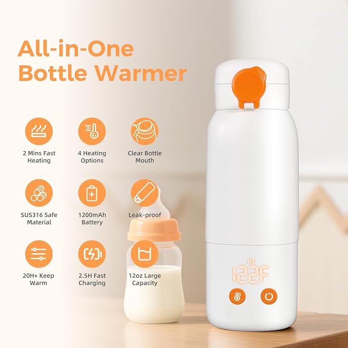 Portable Bottle Warmer for Travel, 12oz Large Capacity Fast Heating Breast Milk - Image 2