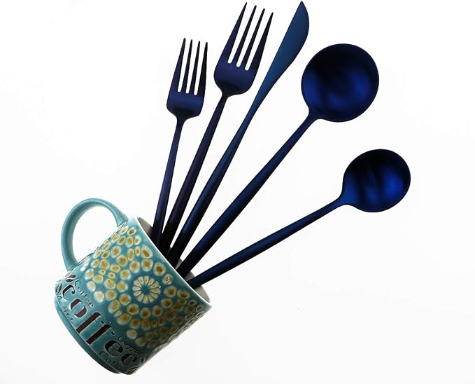 Matte Blue Gugrida 5-Piece 18/10 Stainless Steel Silverware Set, Satin Finish - Image 2