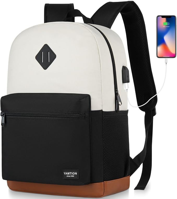 School Backpack, Bookbag Teen Boys and Girls Black Beige by YAMTIONBAGS