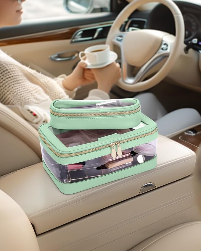 Travel Clear Makeup Bag with Makeup Brush Bag, Leather Makeup Case Toiletry Bag - Image 3
