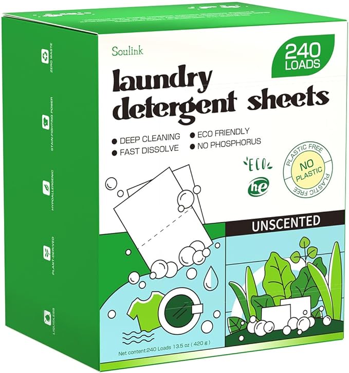 Soulink Laundry Detergent Sheets Unscented 240 Loads，Eco Friendly Detergent by Soulink