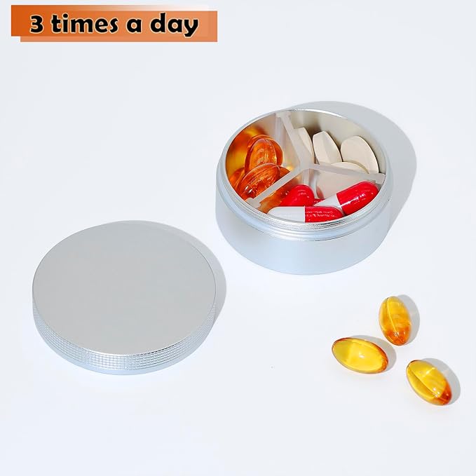 Small Pill Case 3 Compartments, Metal Round Portable Pill Box, Waterproof - Image 5