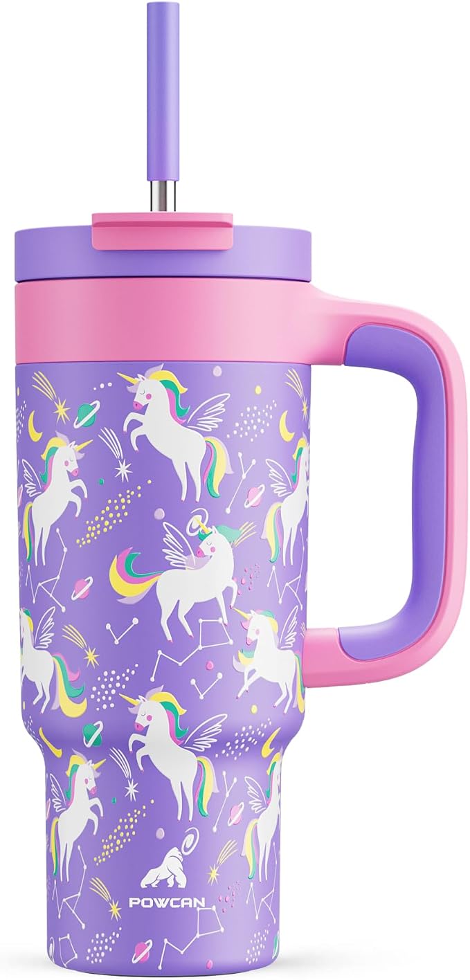 24 oz Kids Tumbler with Handle: Leakproof, Stainless Steel Cup with Straw Lid by POWCAN