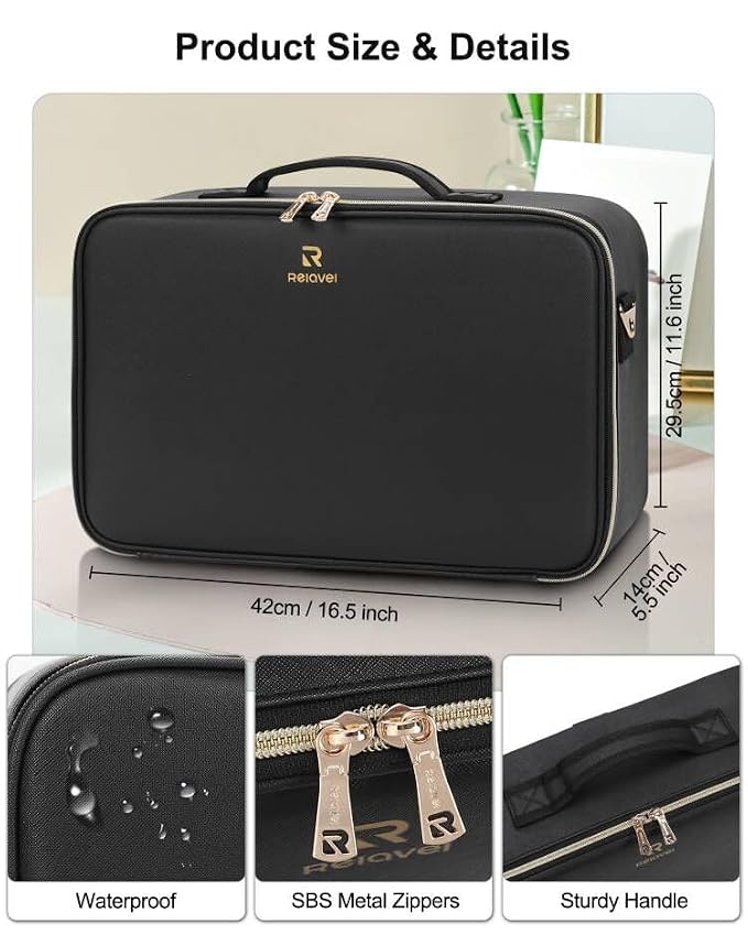 Relavel Travel Makeup Bag With LED Mirror, 16.2" Large Makeup Train Case - Image 4