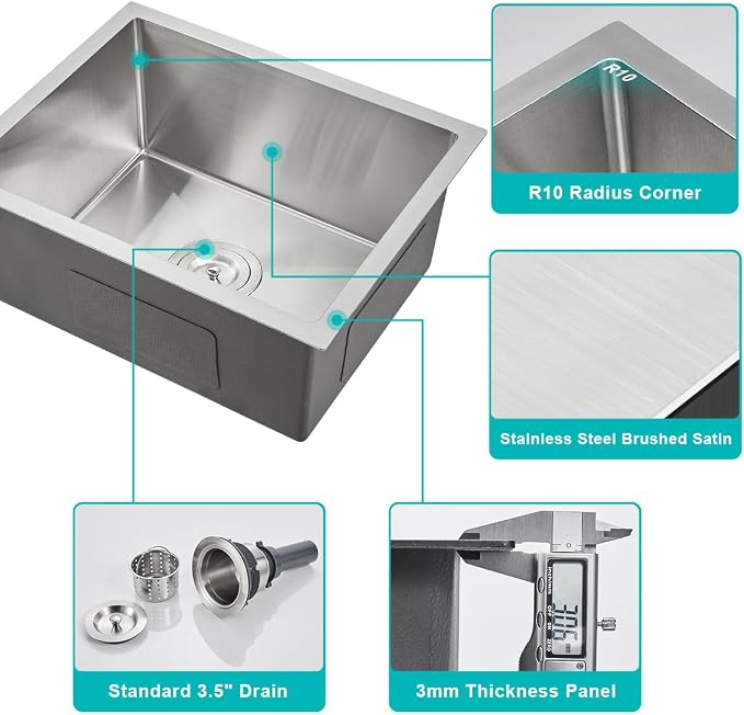 24 inch Undermount Kitchen Sink, 24 x 18 inch Single Bowl Stainless Steel - Image 4