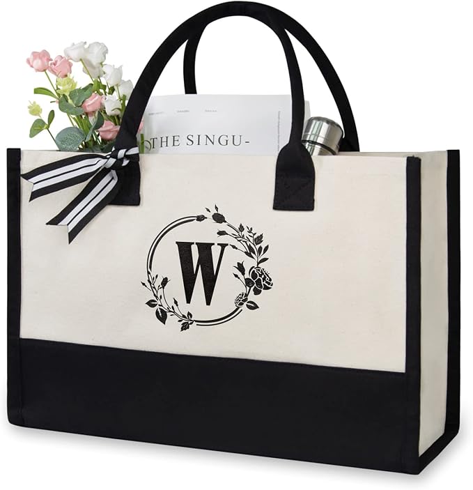 TOPDesign Personalized Initial Jute/Canvas Beach Bag, Monogrammed Gift Tote Bag by TOPDesign